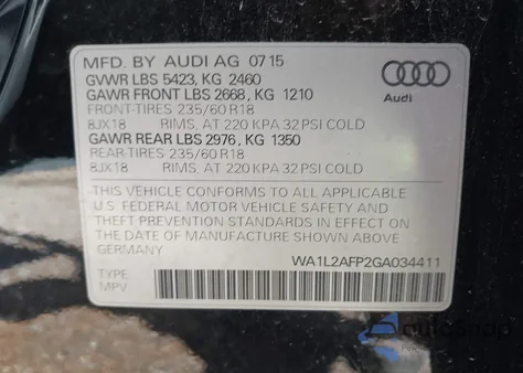 2016 Audi Q5 2.0T Premium from USA, damaged, VIN WA1L2AFP2GA034411